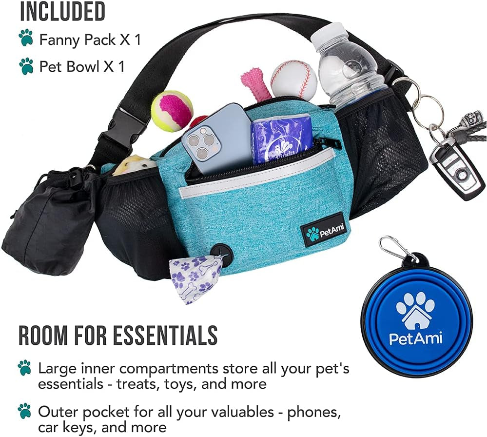 Dog Fanny Pack, Treat Pouch for Dog Walking, Training, Built in Poop Bag Dispenser, Water Bottle Holder, Collapsible Bowl, Pet Treat Waist Belt for Hiking, Running, Kibbles (Turquoise)
